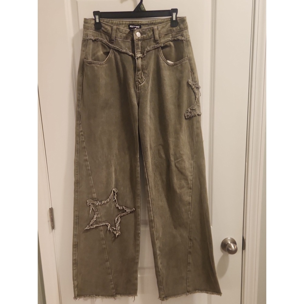Hot Topic Olive Green Wide-Leg Distressed Star Jeans